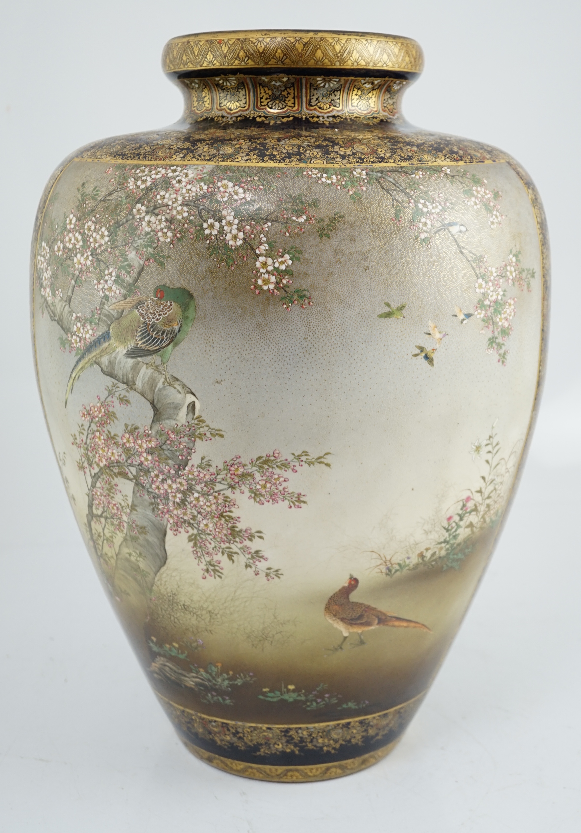 An exhibition size Japanese Satsuma pottery vase, by Kinkozan, Meiji period, star crack to one side